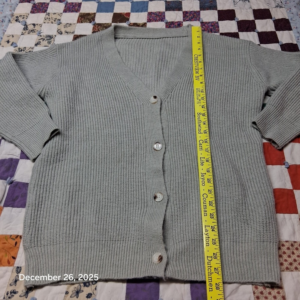 Ribbed Knit V Neck Cardigan Gray Sweater Womens size Medium Oversized - Picture 4 of 8